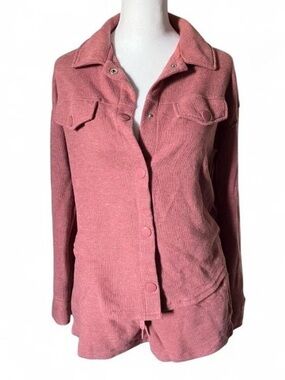 Hippie Rose Pink Ribbed Knit Long Sleeve Shacket & Shorts Lounge Set size XS